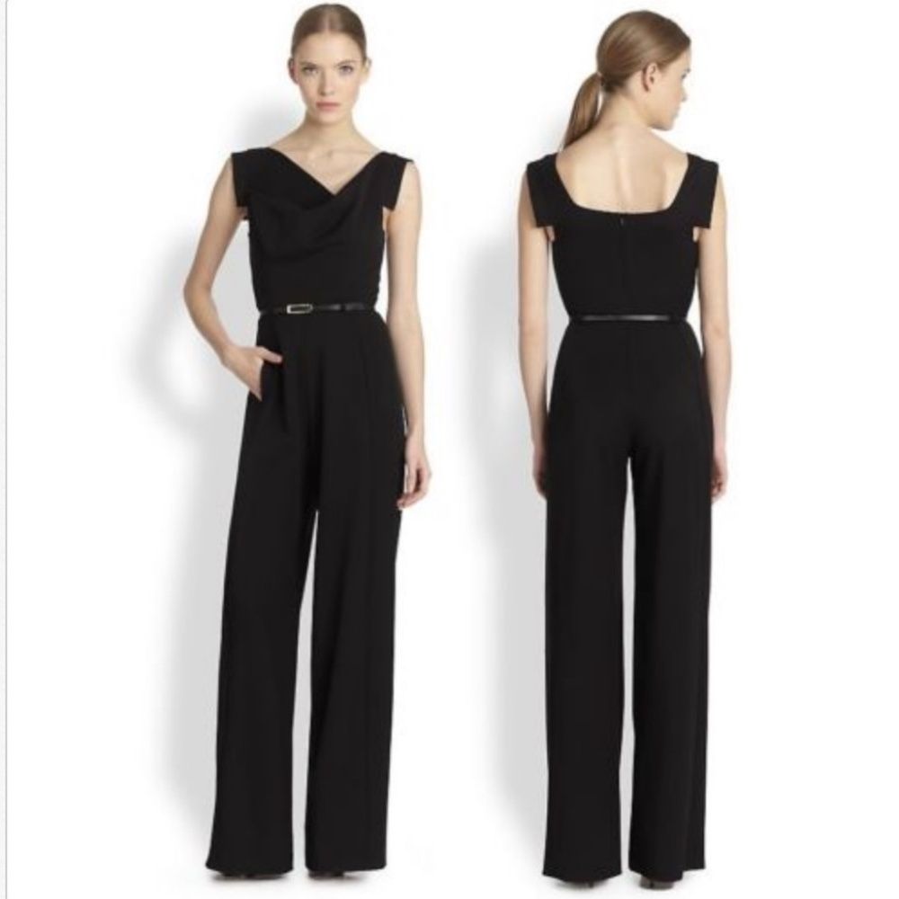 Sz 10 Jackie O Cap-Sleeve Belted Wide-Leg Jumpsuit Classic Black